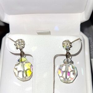 Vintage Aurora Borealis & Crystal Rhinestone Drop Ball Earrings Screw Back